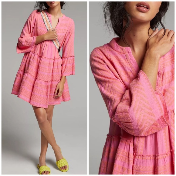 Anthropologie Devotion Petra Embroidered Tunic Dress Pink Salmon Size Small